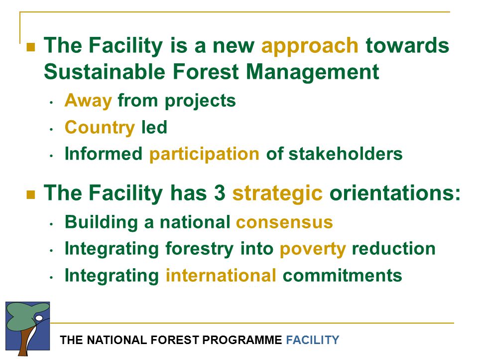THE NATIONAL FOREST PROGRAMME FACILITY The Facility is a new approach towards Sustainable Forest Management Away from projects Country led Informed participation of stakeholders The Facility has 3 strategic orientations: Building a national consensus Integrating forestry into poverty reduction Integrating international commitments