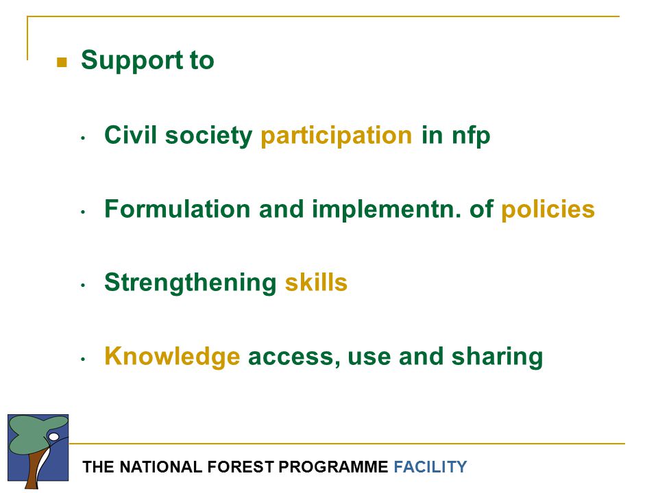 THE NATIONAL FOREST PROGRAMME FACILITY Support to Civil society participation in nfp Formulation and implementn.