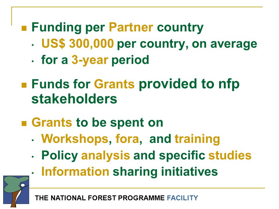 THE NATIONAL FOREST PROGRAMME FACILITY Funding per Partner country US$ 300,000 per country, on average for a 3-year period Funds for Grants provided to nfp stakeholders Grants to be spent on Workshops, fora, and training Policy analysis and specific studies Information sharing initiatives