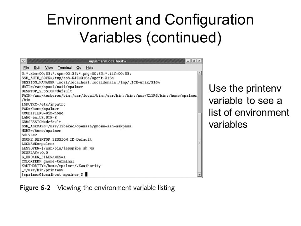 Environment and Configuration Variables (continued) Use the printenv variable to see a list of environment variables