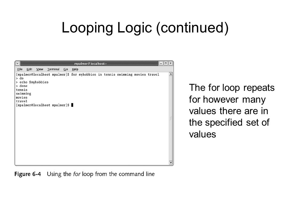 Looping Logic (continued) The for loop repeats for however many values there are in the specified set of values