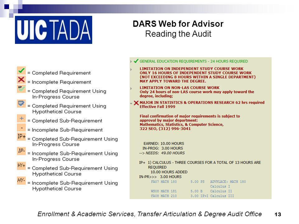 13 DARS Web for Advisor Reading the Audit Enrollment & Academic Services, Transfer Articulation & Degree Audit Office