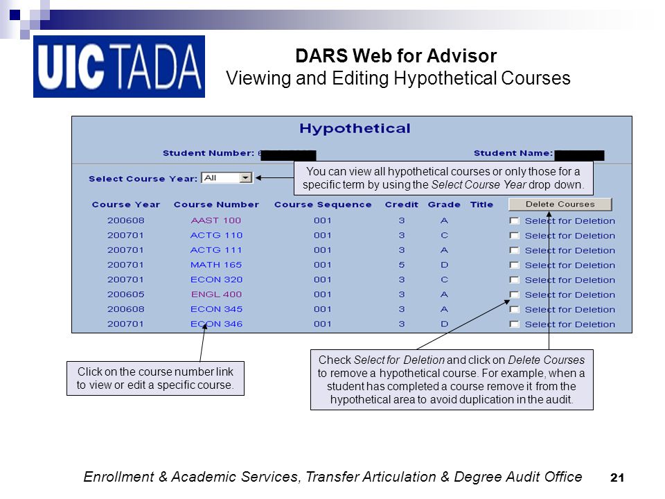 21 DARS Web for Advisor Viewing and Editing Hypothetical Courses Click on the course number link to view or edit a specific course.
