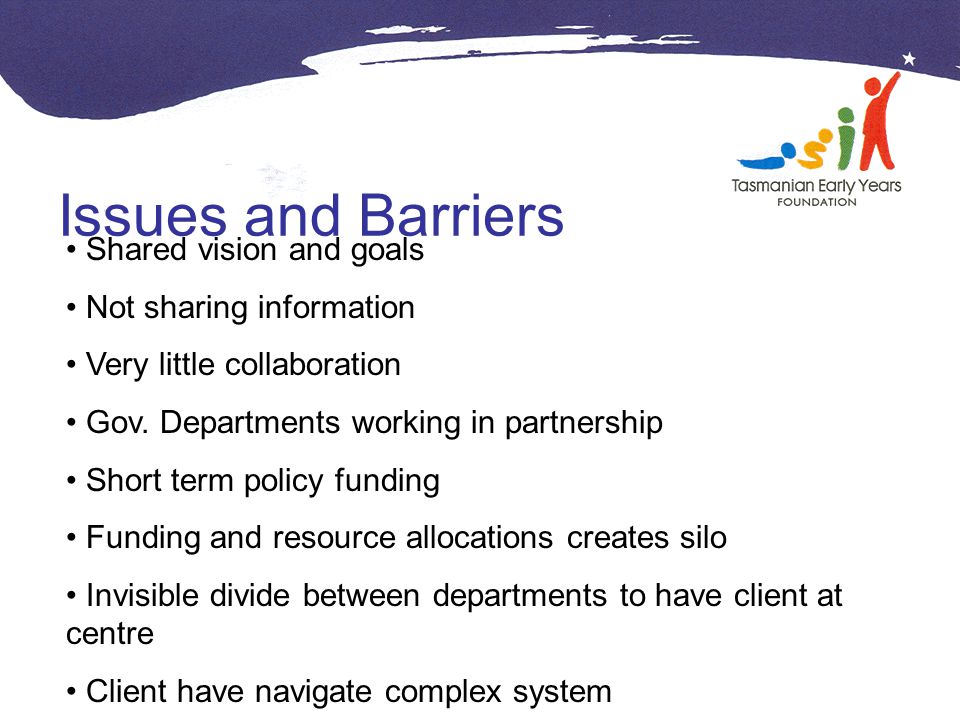 Issues and Barriers Shared vision and goals Not sharing information Very little collaboration Gov.