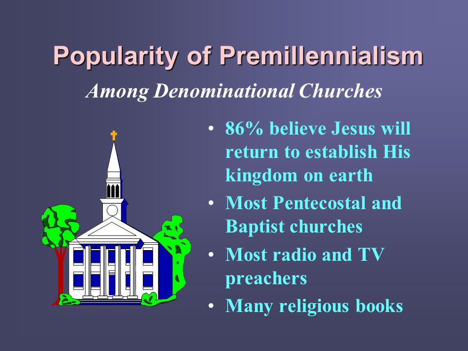 Popularity of Premillennialism 86% believe Jesus will return to establish His kingdom on earth Most Pentecostal and Baptist churches Most radio and TV preachers Many religious books Among Denominational Churches