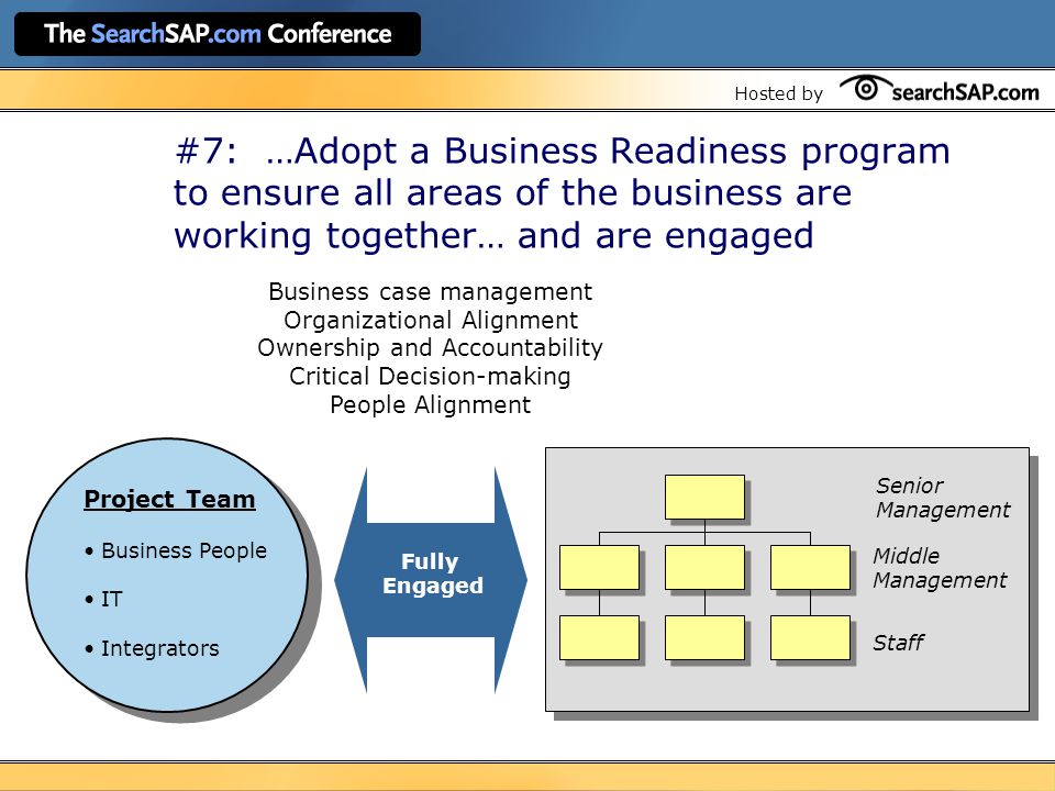 Hosted by #7: …Adopt a Business Readiness program to ensure all areas of the business are working together… and are engaged Business case management Organizational Alignment Ownership and Accountability Critical Decision-making People Alignment Senior Management Middle Management Staff Project Team Business People IT Integrators Fully Engaged