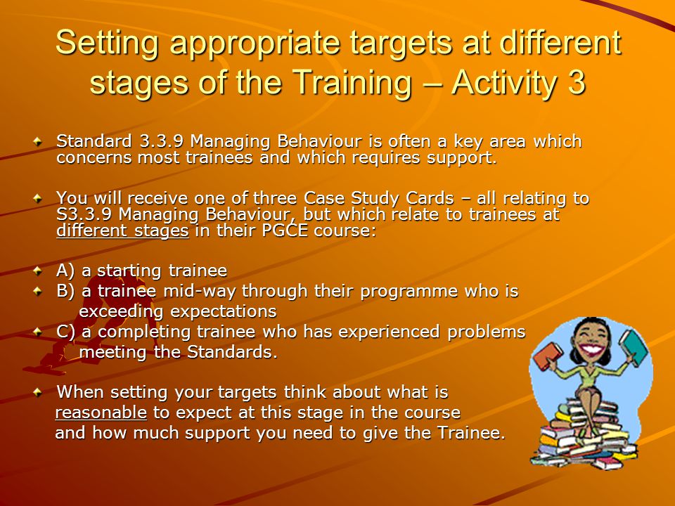 Setting appropriate targets at different stages of the Training – Activity 3 Standard Managing Behaviour is often a key area which concerns most trainees and which requires support.