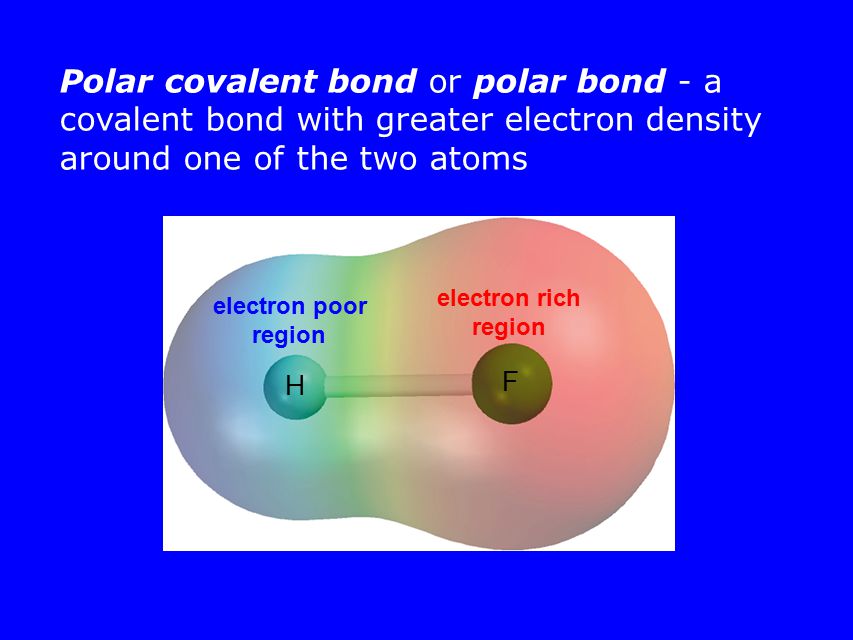Polar covalent bond or polar bond - a covalent bond with greater electron density around one of the two atoms H F electron rich region electron poor region