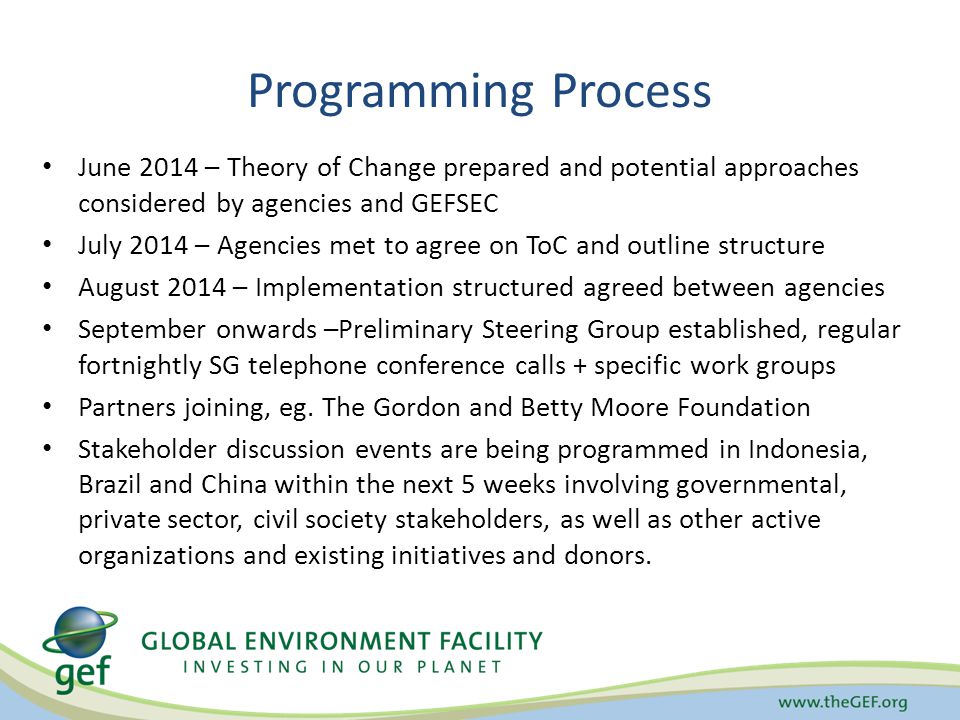 Programming Process June 2014 – Theory of Change prepared and potential approaches considered by agencies and GEFSEC July 2014 – Agencies met to agree on ToC and outline structure August 2014 – Implementation structured agreed between agencies September onwards –Preliminary Steering Group established, regular fortnightly SG telephone conference calls + specific work groups Partners joining, eg.