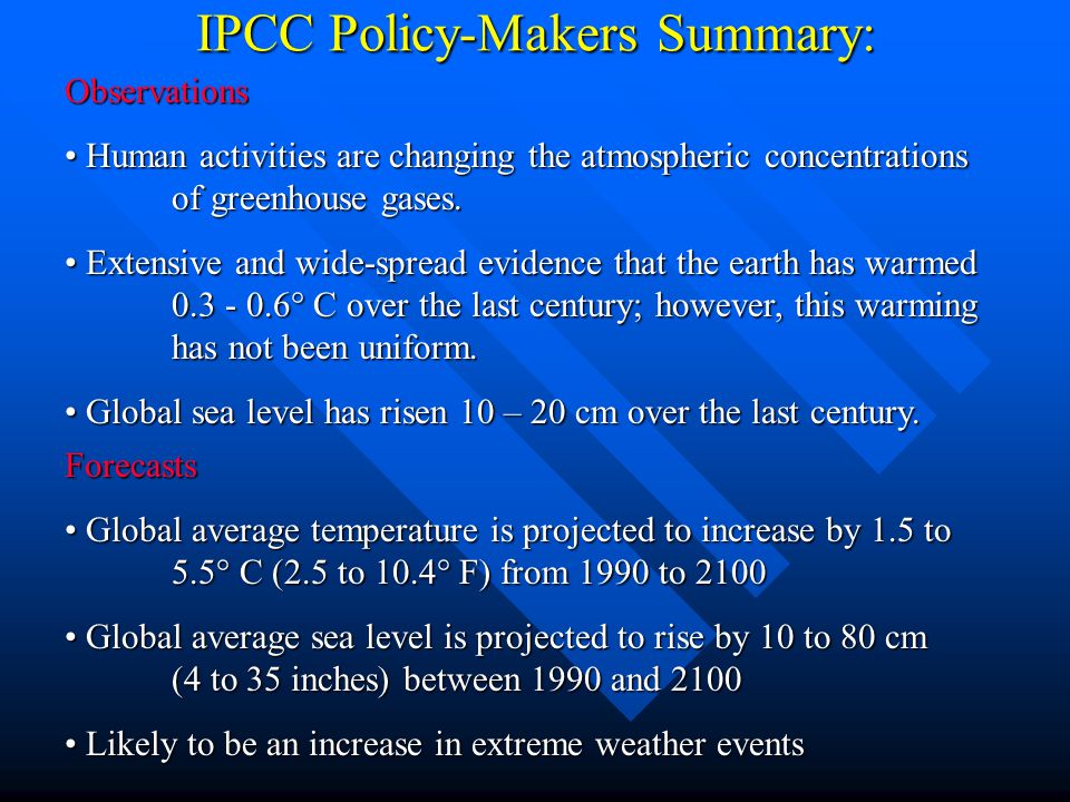 IPCC Policy-Makers Summary: Observations Human activities are changing the atmospheric concentrations of greenhouse gases.