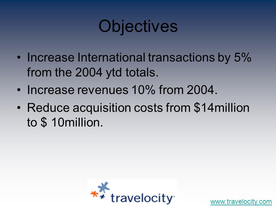 Objectives Increase International transactions by 5% from the 2004 ytd totals.