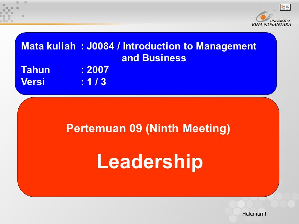 Halaman 1 Mata kuliah: J0084 / Introduction to Management and Business Tahun: 2007 Versi: 1 / 3 Pertemuan 09 (Ninth Meeting) Leadership