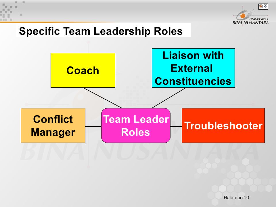 Halaman 16 Specific Team Leadership Roles Team Leader Roles Coach Conflict Manager Liaison with External Constituencies Troubleshooter