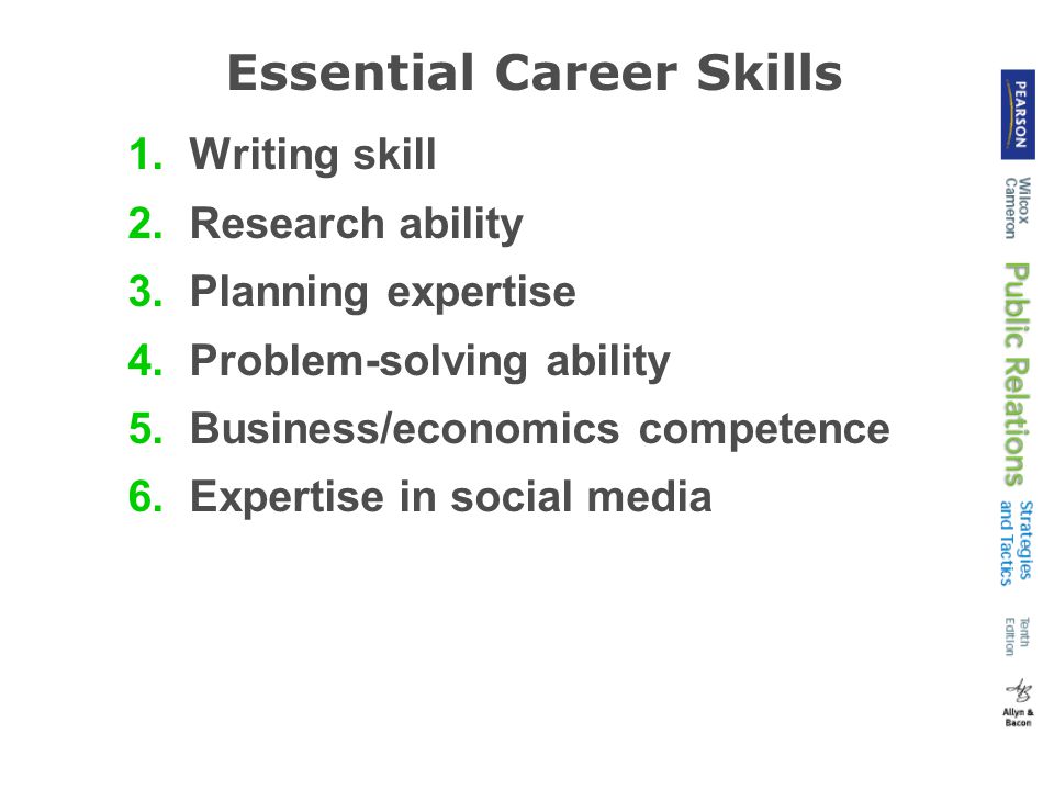 Essential Career Skills 1.Writing skill 2.Research ability 3.Planning expertise 4.Problem-solving ability 5.Business/economics competence 6.Expertise in social media