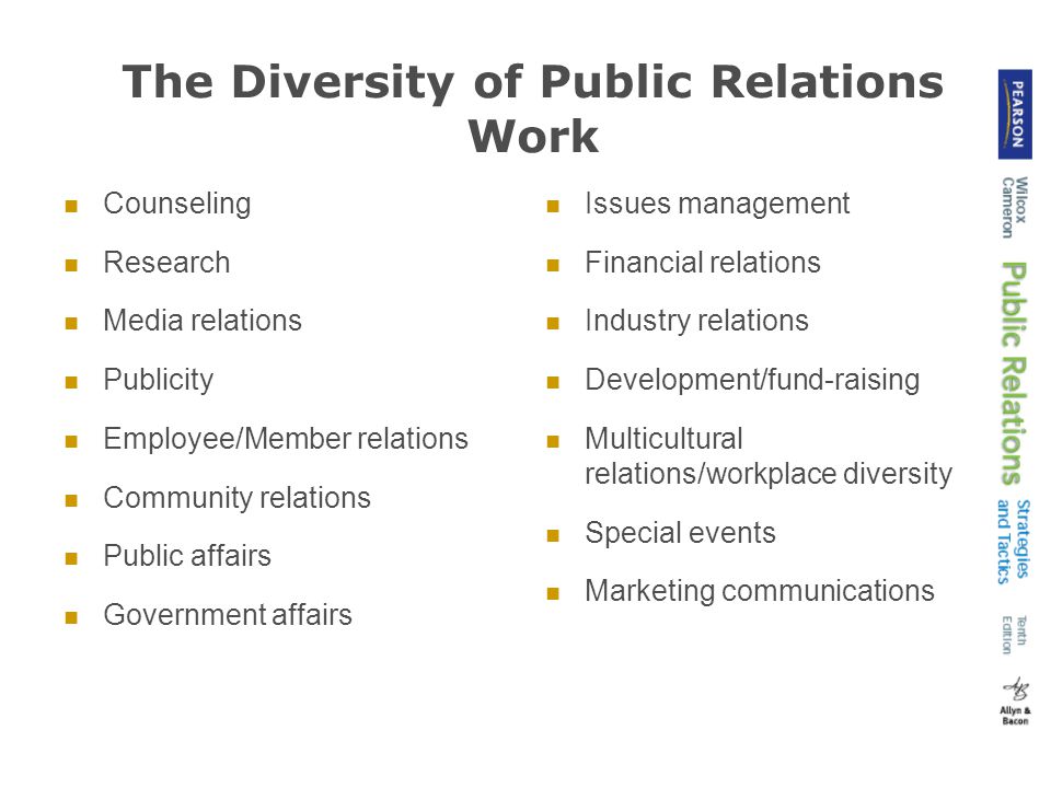 The Diversity of Public Relations Work Counseling Research Media relations Publicity Employee/Member relations Community relations Public affairs Government affairs Issues management Financial relations Industry relations Development/fund-raising Multicultural relations/workplace diversity Special events Marketing communications