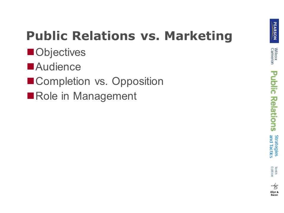 Public Relations vs. Marketing Objectives Audience Completion vs. Opposition Role in Management