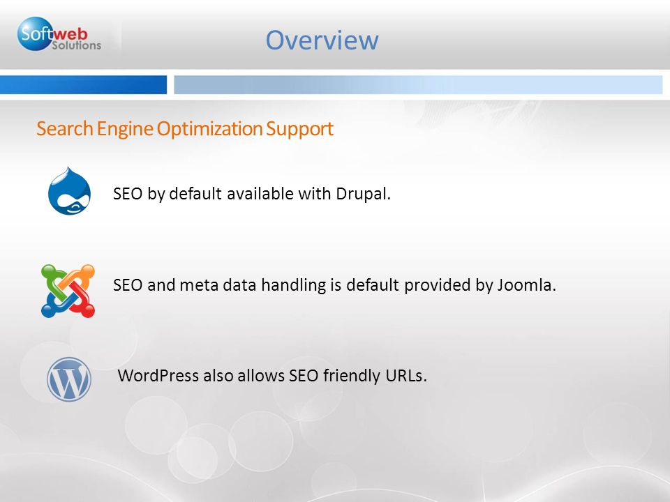 SEO by default available with Drupal. SEO and meta data handling is default provided by Joomla.