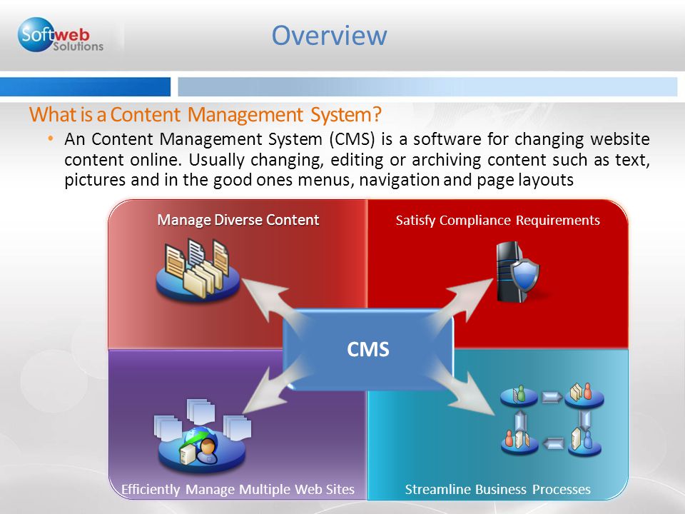 An Content Management System (CMS) is a software for changing website content online.