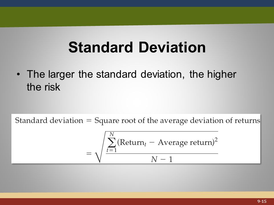 Standard Deviation The larger the standard deviation, the higher the risk 9-15