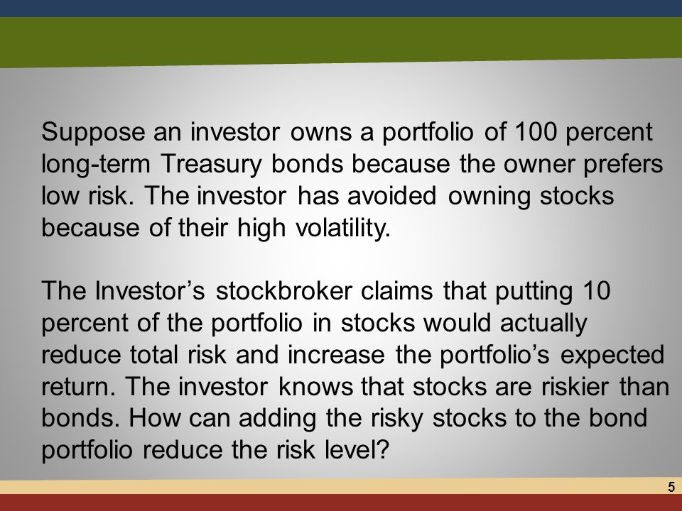 5 Suppose an investor owns a portfolio of 100 percent long-term Treasury bonds because the owner prefers low risk.