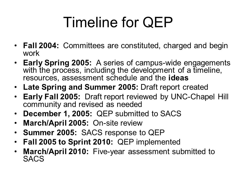 Timeline for QEP Fall 2004: Committees are constituted, charged and begin work Early Spring 2005: A series of campus-wide engagements with the process, including the development of a timeline, resources, assessment schedule and the ideas Late Spring and Summer 2005: Draft report created Early Fall 2005: Draft report reviewed by UNC-Chapel Hill community and revised as needed December 1, 2005: QEP submitted to SACS March/April 2005: On-site review Summer 2005: SACS response to QEP Fall 2005 to Sprint 2010: QEP implemented March/April 2010: Five-year assessment submitted to SACS