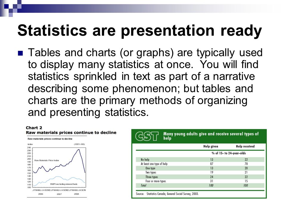 Statistics are presentation ready Tables and charts (or graphs) are typically used to display many statistics at once.
