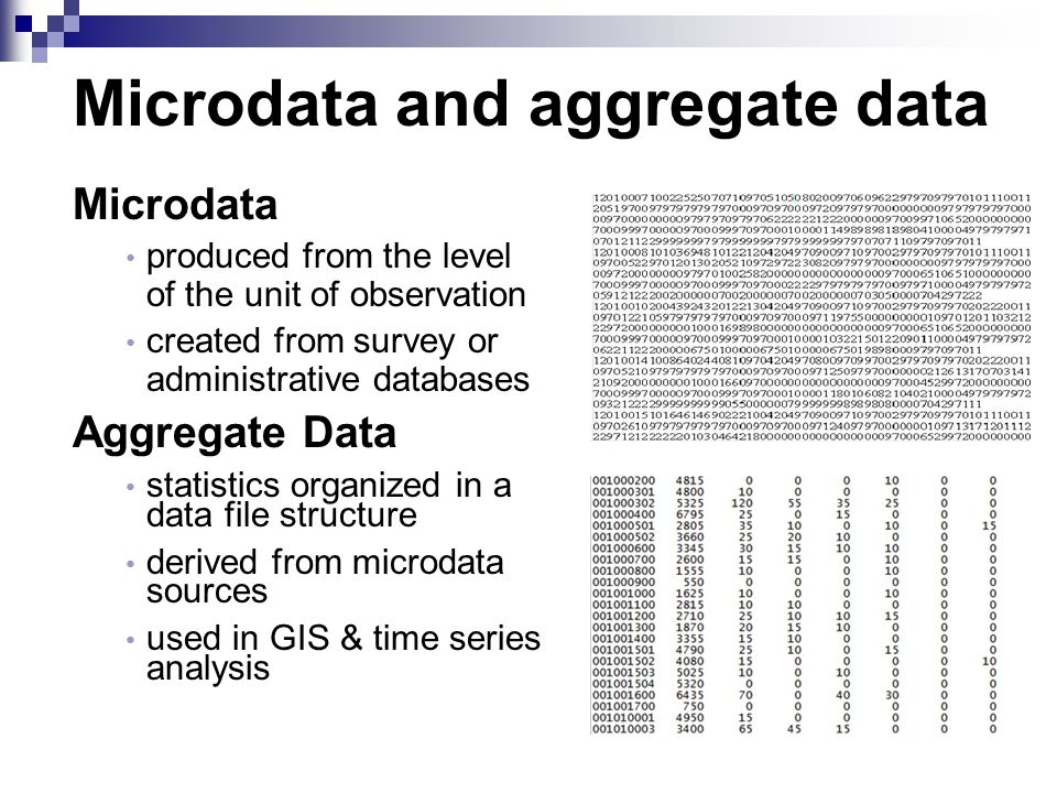 Microdata and aggregate data Microdata produced from the level of the unit of observation created from survey or administrative databases Aggregate Data statistics organized in a data file structure derived from microdata sources used in GIS & time series analysis