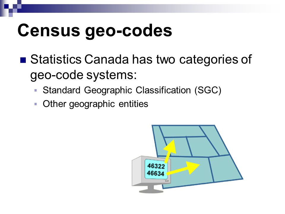Census geo-codes Statistics Canada has two categories of geo-code systems:  Standard Geographic Classification (SGC)  Other geographic entities Source for the graphic: Illustrated Glossary, 2006 Census Geography, Statistics Canada