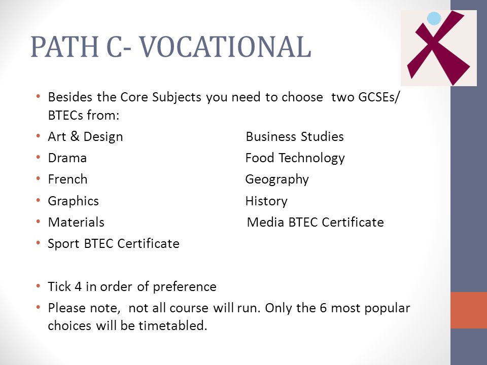 PATH C- VOCATIONAL Besides the Core Subjects you need to choose two GCSEs/ BTECs from: Art & Design Business Studies Drama Food Technology French Geography Graphics History Materials Media BTEC Certificate Sport BTEC Certificate Tick 4 in order of preference Please note, not all course will run.
