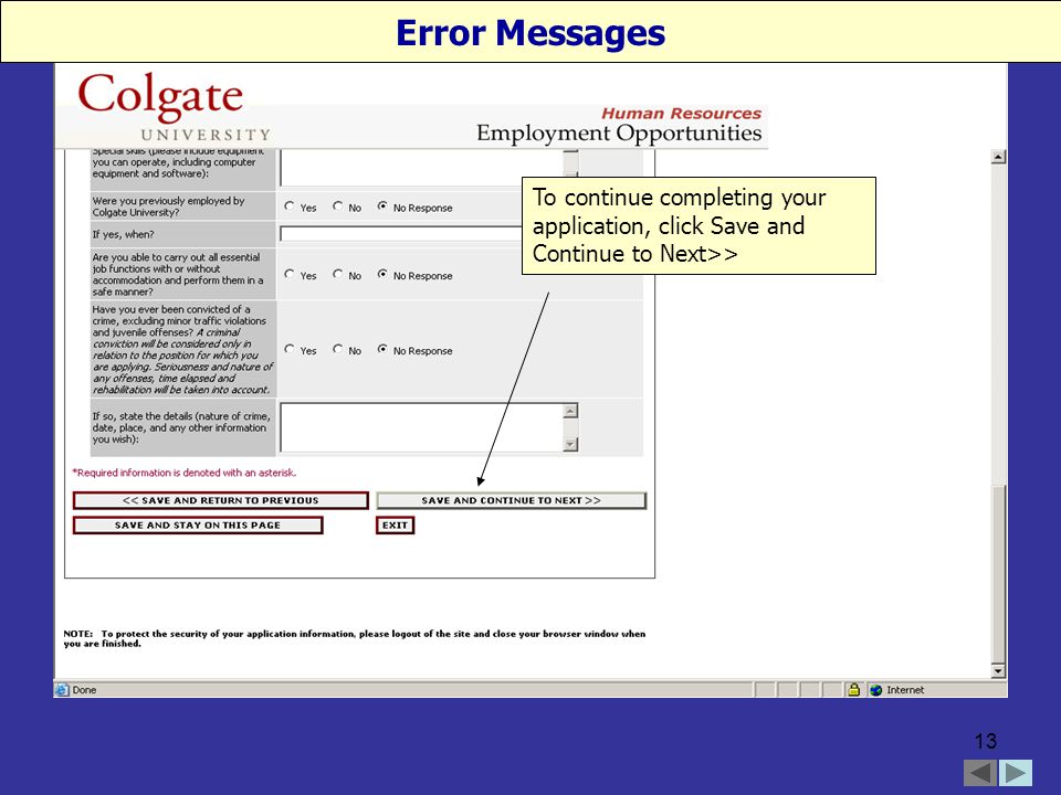 13 To continue completing your application, click Save and Continue to Next>> Error Messages