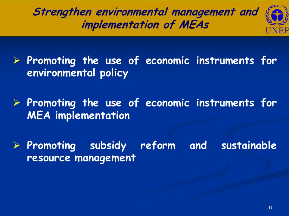 6 Strengthen environmental management and implementation of MEAs   Promoting the use of economic instruments for environmental policy   Promoting the use of economic instruments for MEA implementation   Promoting subsidy reform and sustainable resource management