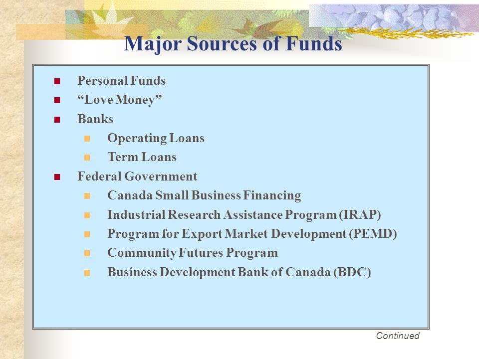 Major Sources of Funds Personal Funds Love Money Banks Operating Loans Term Loans Federal Government Canada Small Business Financing Industrial Research Assistance Program (IRAP) Program for Export Market Development (PEMD) Community Futures Program Business Development Bank of Canada (BDC) Continued