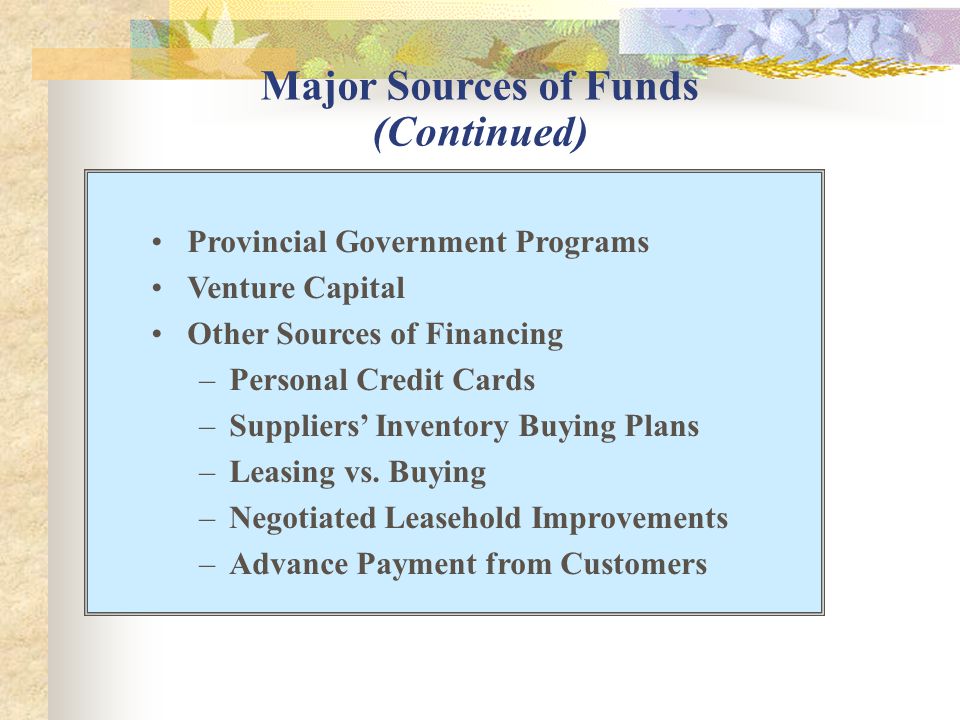 Provincial Government Programs Venture Capital Other Sources of Financing –Personal Credit Cards –Suppliers’ Inventory Buying Plans –Leasing vs.