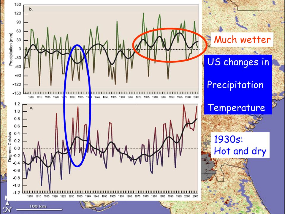 May 2007 vegetation US changes in Precipitation Temperature Much wetter 1930s: Hot and dry