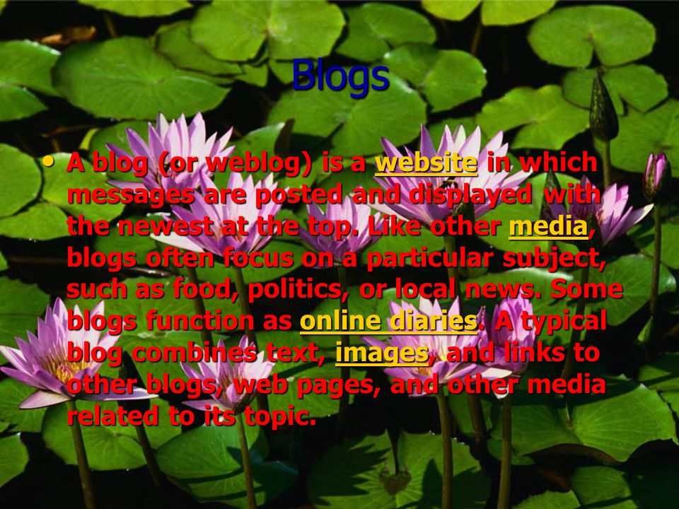Blogs A blog (or weblog) is a website in which messages are posted and displayed with the newest at the top.
