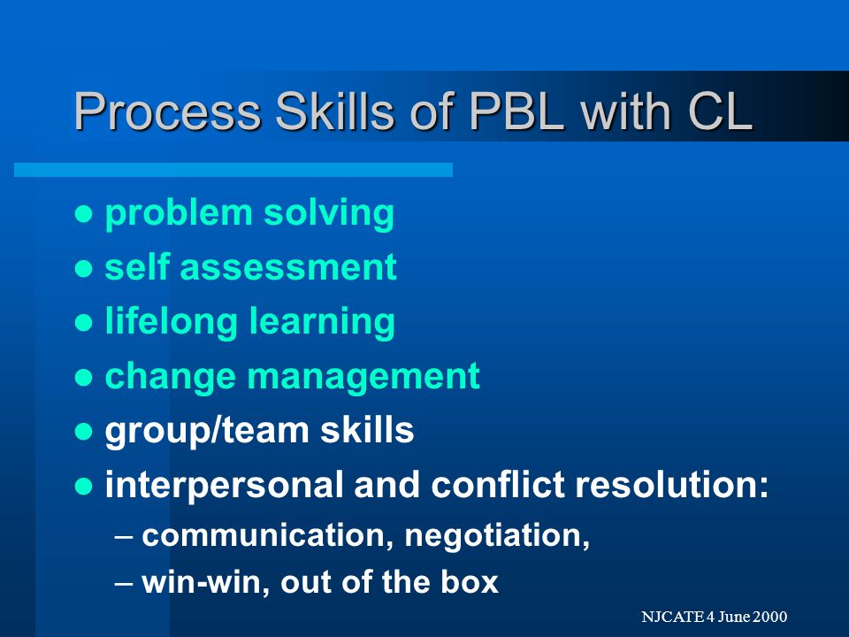 Next Previo NJCATE 4 June 2000 Process Skills of PBL with CL problem solving self assessment lifelong learning change management group/team skills –negotiation –division of labor –interdependence