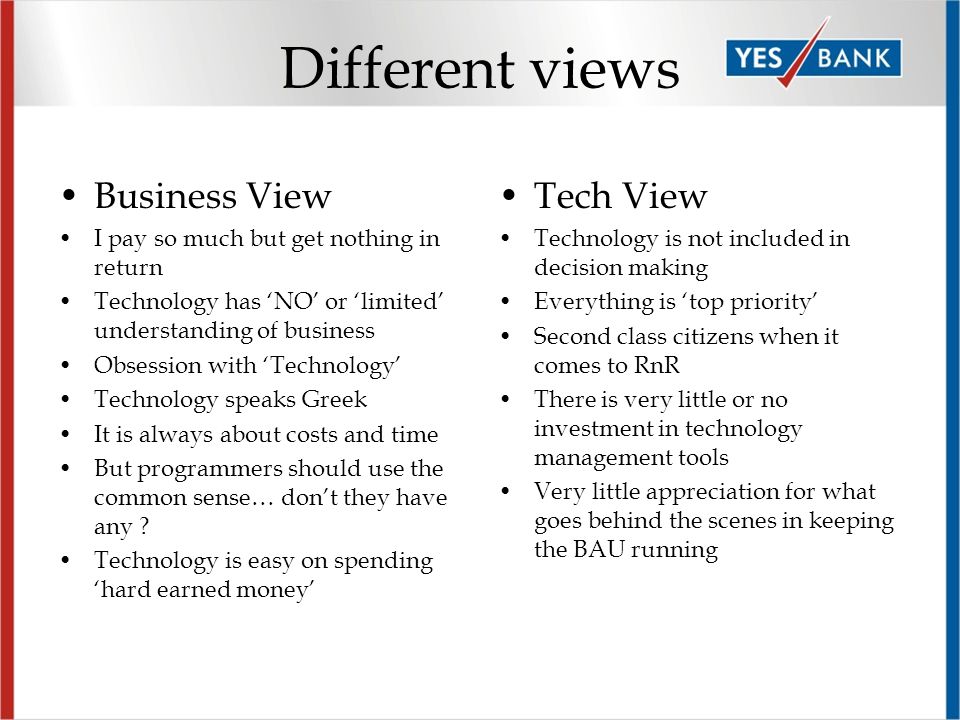 Different views Business View I pay so much but get nothing in return Technology has ‘NO’ or ‘limited’ understanding of business Obsession with ‘Technology’ Technology speaks Greek It is always about costs and time But programmers should use the common sense… don’t they have any .