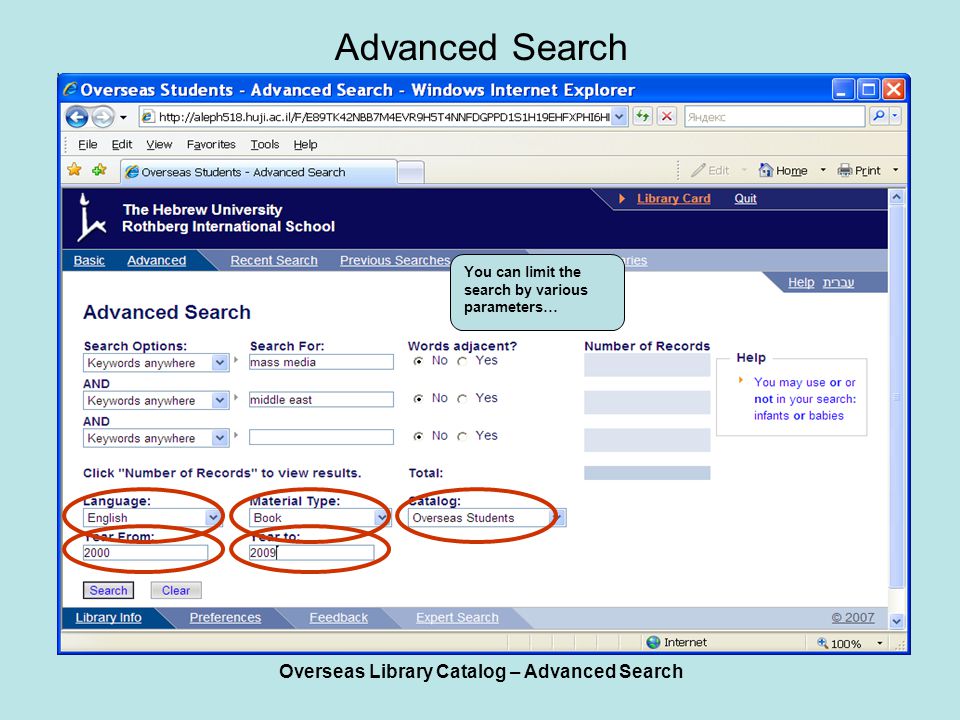 Overseas Library Catalog – Advanced Search Advanced Search You can limit the search by various parameters…