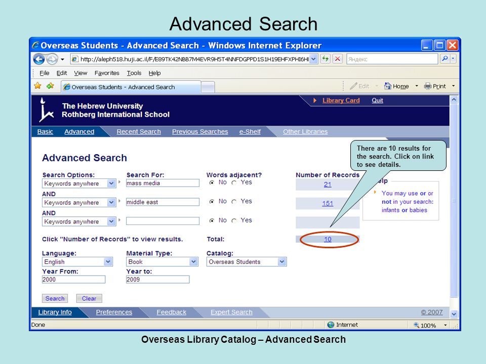 Overseas Library Catalog – Advanced Search Advanced Search There are 10 results for the search.