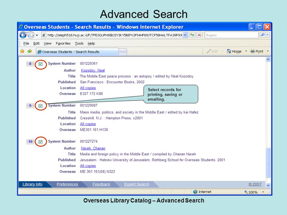 Overseas Library Catalog – Advanced Search Advanced Search Select records for printing, saving or  ing.