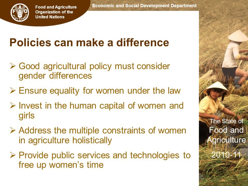 Food and Agriculture Organization of the United Nations The State of Food and Agriculture Economic and Social Development Department Policies can make a difference  Good agricultural policy must consider gender differences  Ensure equality for women under the law  Invest in the human capital of women and girls  Address the multiple constraints of women in agriculture holistically  Provide public services and technologies to free up women’s time