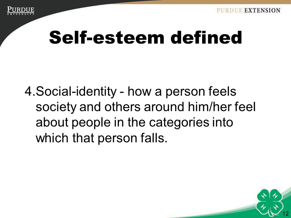 12 Self-esteem defined 4.Social-identity - how a person feels society and others around him/her feel about people in the categories into which that person falls.