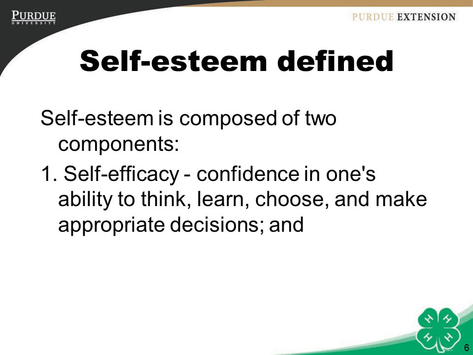 6 Self-esteem defined Self-esteem is composed of two components: 1.