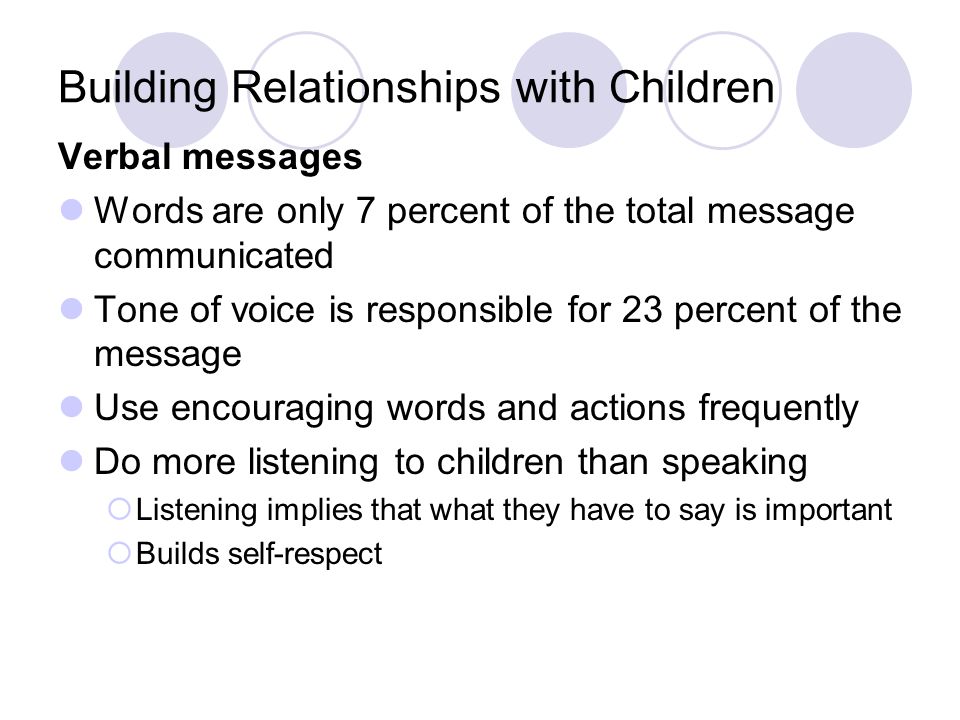 Building Relationships with Children Verbal messages Words are only 7 percent of the total message communicated Tone of voice is responsible for 23 percent of the message Use encouraging words and actions frequently Do more listening to children than speaking  Listening implies that what they have to say is important  Builds self-respect