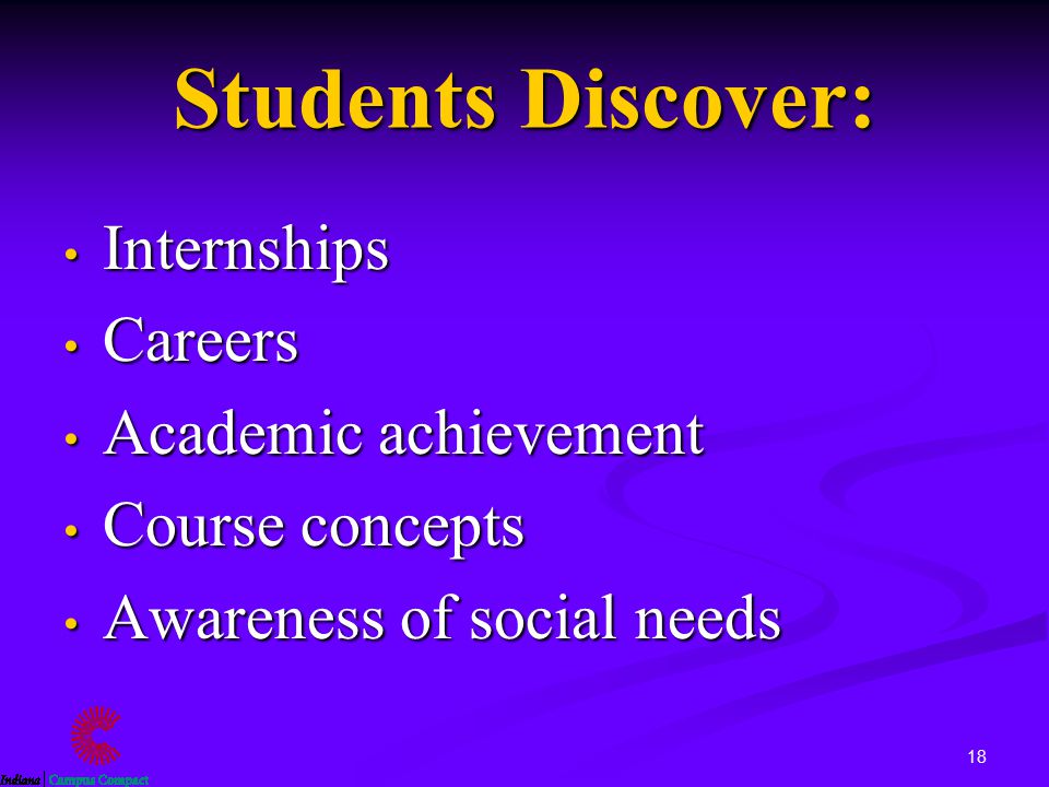 18 Students Discover: Internships Internships Careers Careers Academic achievement Academic achievement Course concepts Course concepts Awareness of social needs Awareness of social needs