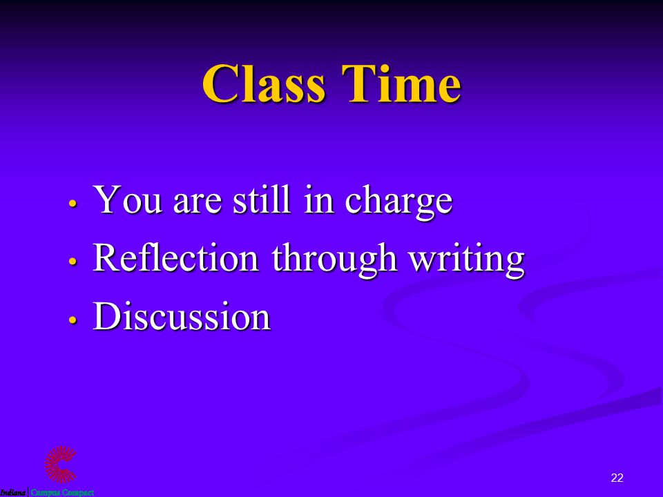 22 Class Time You are still in charge You are still in charge Reflection through writing Reflection through writing Discussion Discussion