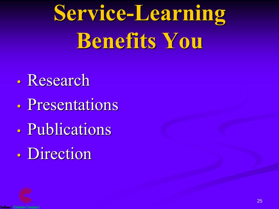 25 Service-Learning Benefits You Research Research Presentations Presentations Publications Publications Direction Direction