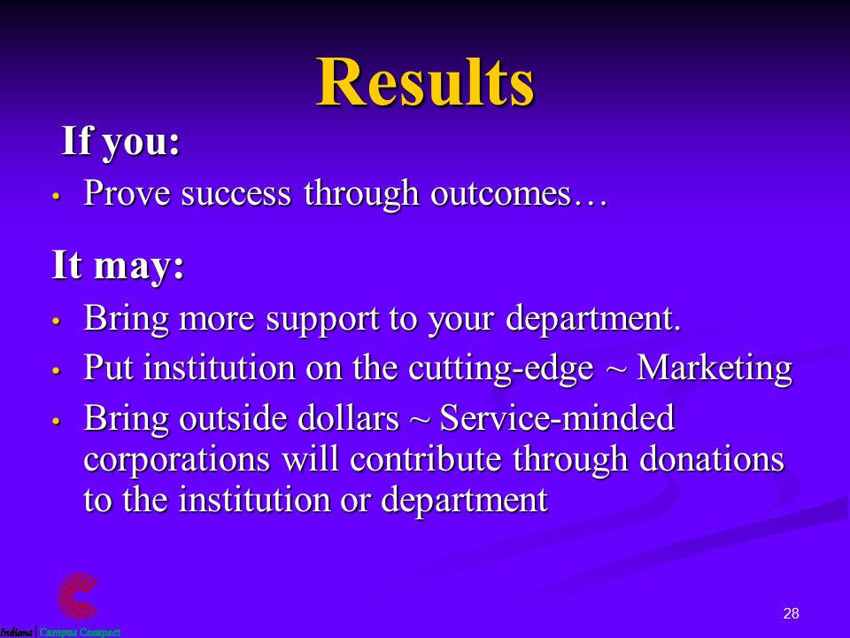 28 Results If you: If you: Prove success through outcomes… Prove success through outcomes… It may: Bring more support to your department.