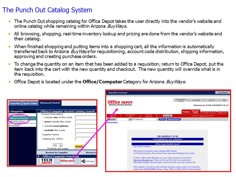 The Punch Out Catalog System The Punch Out shopping catalog for Office Depot takes the user directly into the vendor’s website and online catalog while remaining within Arizona BuyWays.