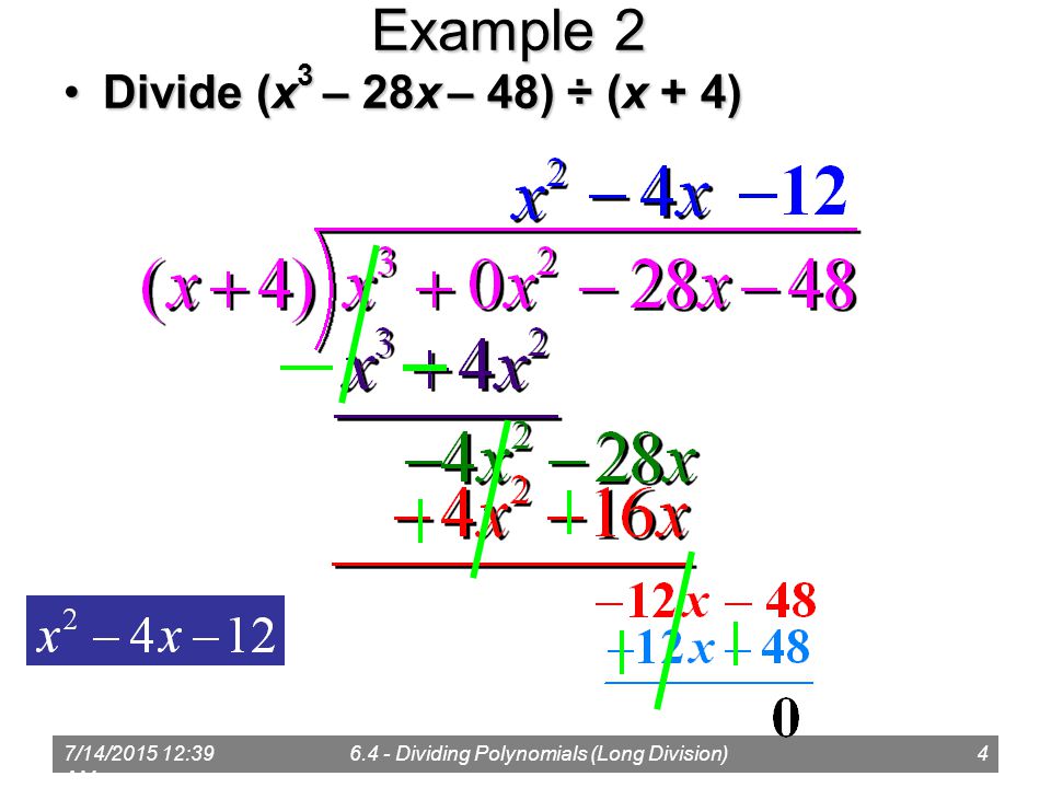 7/14/ :41 AM Dividing Polynomials (Long Division)4 Example 2 Divide (x 3 – 28x – 48) ÷ (x + 4)Divide (x 3 – 28x – 48) ÷ (x + 4)